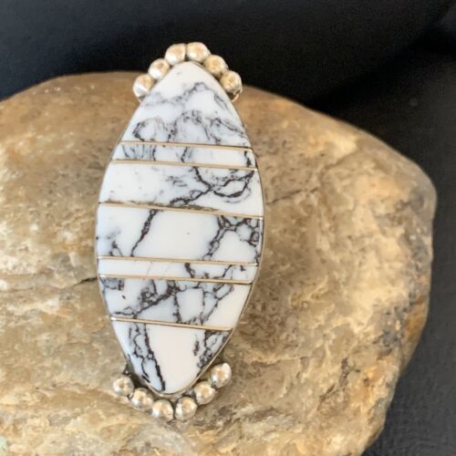 Native Navajo Sterling Silver White Buffalo Turquoise Inlay Ring 6 12177