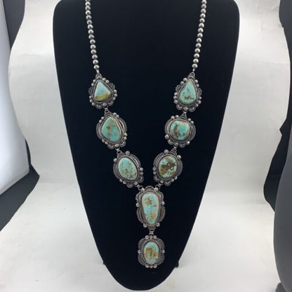 Navajo Sterling Silver Lariat Necklace | Royston Turquoise Squash Pendant | Authentic Native American Handmade | 01545