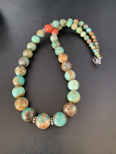 Navajo Green Turquoise & Apple Coral Graduated Necklace | Sterling Silver | Authentic Native American | 18" | 13206