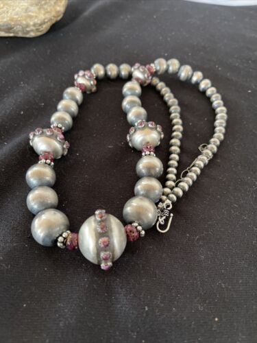 Navajo Purple Spiny Oyster Graduated Bead Necklace | Sterling Silver | Native American Handmade | 20" | 1144