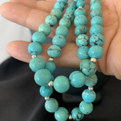Navajo Blue Turquoise Bead Necklace | Sterling Silver | 25" | Authentic Native American Handmade | 11665 - Masha USA