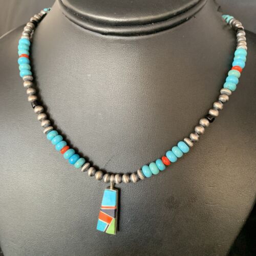 Navajo Blue Turquoise Coral Pendant Necklace | Sterling Silver Inlay | Authentic Native American Handmade | 13839