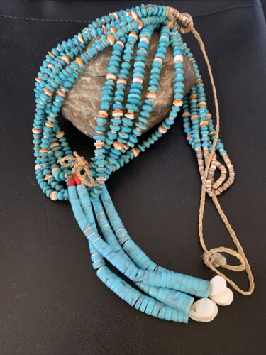 Native American Santo Domingo Spiny Blue Turquoise Shell Jacla Necklace | 5 Strand | 32" | 13192