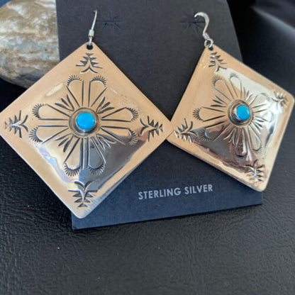 Navajo Blue Turquoise Earrings | Stamped Sterling Silver | Authentic Native American Handmade | 13322