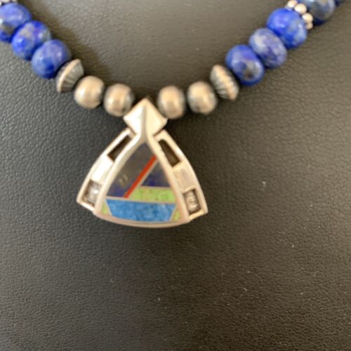 Authentic Native American Sterling Silver Navajo Pearls Necklace with Lapis Inlay Pendant | 01926