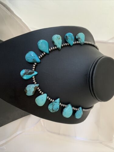 Native American Navajo Pearls Necklace | Sterling Silver Blue Turquoise Teardrop | Authentic Handmade | 942