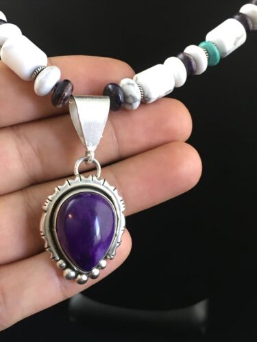 Men's Navajo Purple Sugilite Turquoise Bead Necklace | Sterling Silver | 22" | Authentic Native American Handmade | 10031