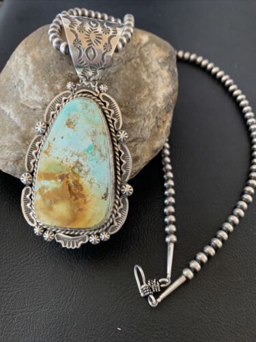 Navajo Royston Turquoise Pendant Necklace | Sterling Silver | Authentic Native American Handmade | 2129