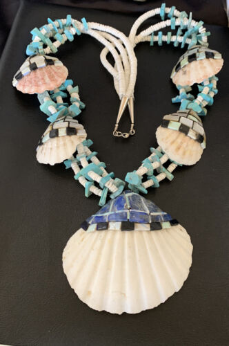 Native American Zuni Shell Pendants | Spiny Oyster & Blue Turquoise Necklace | 30" | 12520
