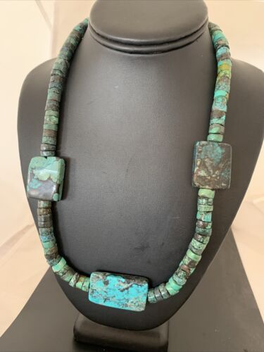 Native American Rustic Turquoise Nugget Heishi Bead Necklace | Sterling Silver | 22" | 1399