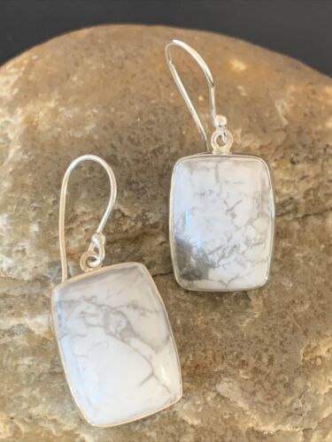 Navajo Sterling Silver White Howlite Black Dangle Rectangle Earrings | 0.75" | 12069