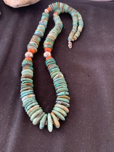 Navajo Graduated Green Turquoise Necklace | Sterling Silver |Authentic Native American | 21" | 00798