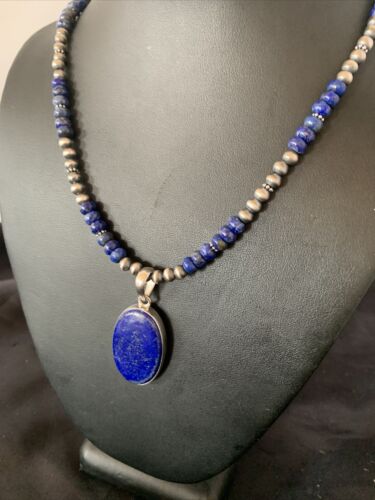 Native American Navajo Blue Lapis Pendant Necklace | Sterling Silver | Authentic Handmade | 11914 - Masha USA