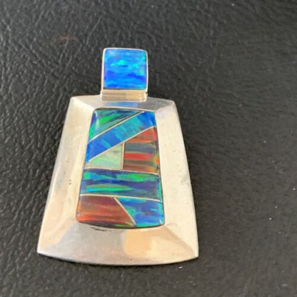 Navajo Blue Red Opal Inlay Pendant | Sterling Silver | Authentic Native American Handmade | 13340