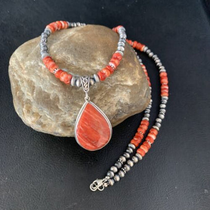 Navajo Red Spiny Oyster Necklace | Sterling Silver Pendant | Men's Women's | Authentic Native American Handmade | 13814