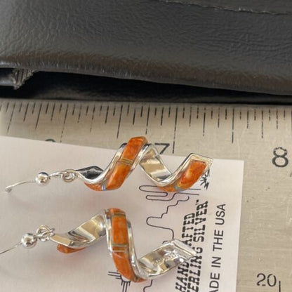 Navajo Snake Swirl Earrings | Orange Spiny Opal Inlay | Sterling Silver | 1.25" | Authentic Native American Handmade | 1549