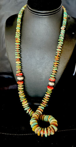 XL Green Turquoise & Red Spiny Oyster Navajo Sterling Silver Necklace | Authentic Native American | 32" | 14790