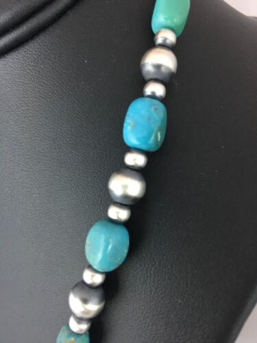 Authentic Native American | Navajo Sterling Silver Turquoise Necklace | Blue Green | 18" | 384