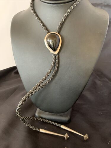 Native American Men's Bolo Tie | Sterling Silver Navajo Black Onyx | Handmade | 12148