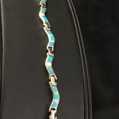 Women's Sterling Silver Turquoise Coral Inlay Link Bracelet | 6.75" | Authentic Native American Handmade | 2027