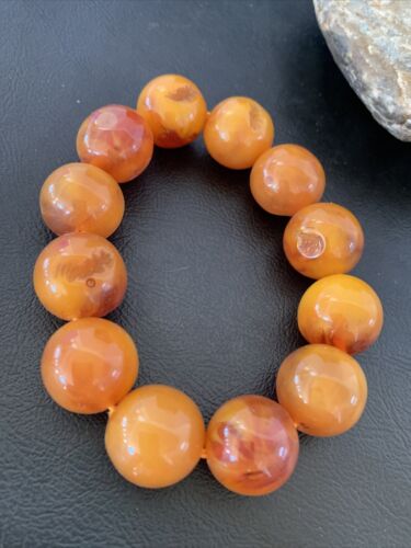 Southwestern Stretch Bracelet Set | Yellow Gold | Red Fossil Amber Stones | Authentic Native American Handmade | 10638