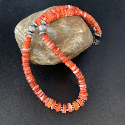 Navajo Red Spiny Oyster Graduated Necklace | Sterling Silver | Authentic Native American | 18" | 13616