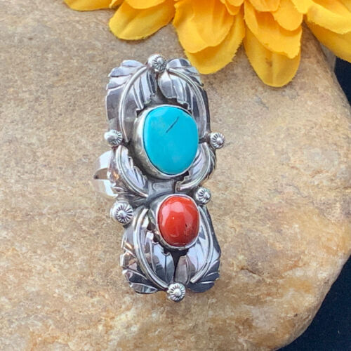 Navajo Royston Turquoise & Coral Ring | Authentic Native American Sterling Silver | Multi-Stone | Sz 8 | 01810