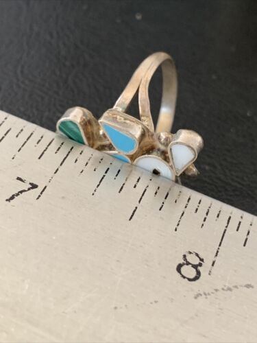 Zuni Peyote Bird Inlay Ring | Sterling Silver | Coral, Turquoise, Onyx, Mother of Pearl | Sz 6.5 | 10791