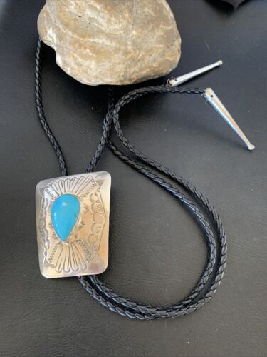 Men's Bolo Tie | Navajo Blue Kingman Turquoise | Sterling Silver | Authentic Native American Handmade | 12146