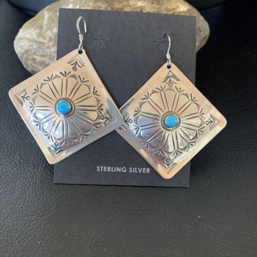 Navajo Blue Turquoise Earrings | Stamped Sterling Silver | Authentic Native American Handmade | 13321