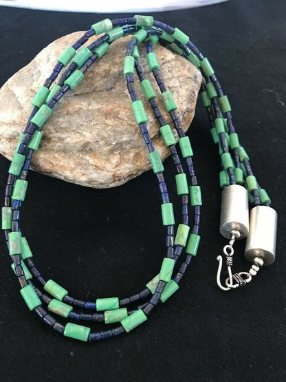 Navajo Tube Beads Lapis Turquoise Necklace | Sterling Silver | Authentic Native American Handmade | 3260