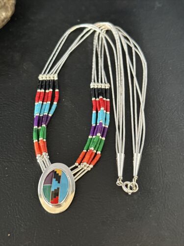 Multi-Color Liquid Silver Heishi 5-Strand Necklace | Sterling Silver Pendant | 14823