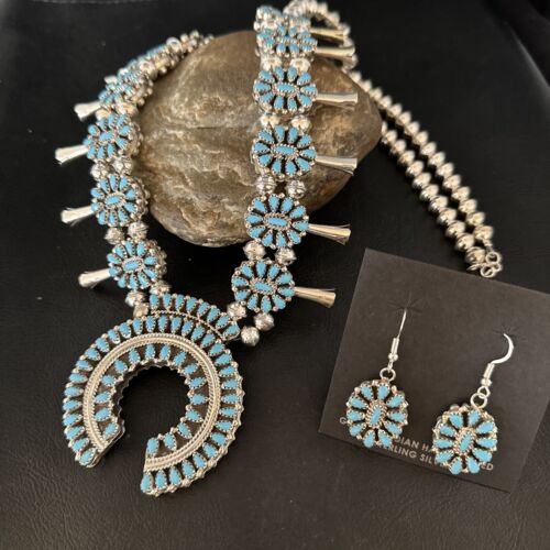 Navajo Dual Side Blue White Buffalo Turquoise Squash Blossom Necklace | Sterling Silver | 14457