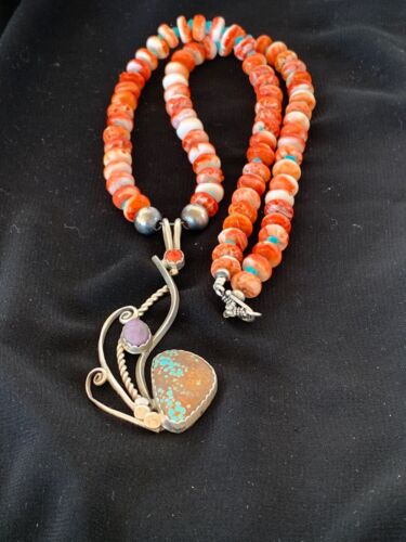 Navajo Blue Turquoise & Spiny Oyster Multi-Stone Necklace Pendant Set | Authentic Native American Sterling Silver | 2846