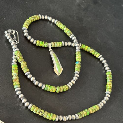 Navajo Green Turquoise Pendant Necklace | Sterling Silver | 22" | Authentic Native American Handmade | 14612