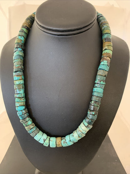 Native American Blue Green Turquoise Heishi Necklace | 9mm | Sterling Silver | 20" | 872