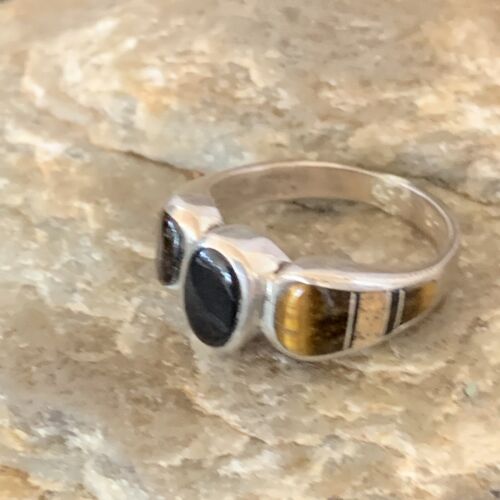 Navajo Black Onyx Coffee Tigers Eye Inlay Ring | Sterling Silver | Sz 8 | Authentic Native American Handmade | 10732