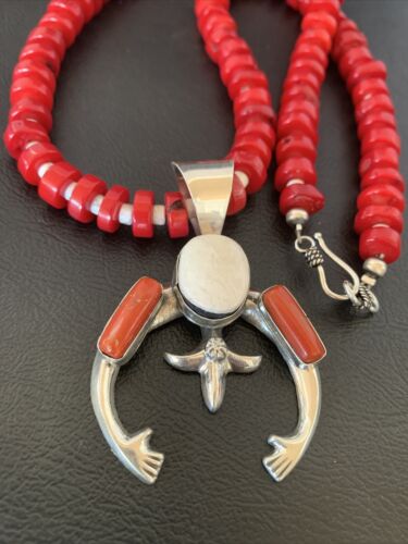 Navajo White Buffalo Turquoise Coral Naja Pendant | Sterling Silver | Authentic Native American Handmade | 10517