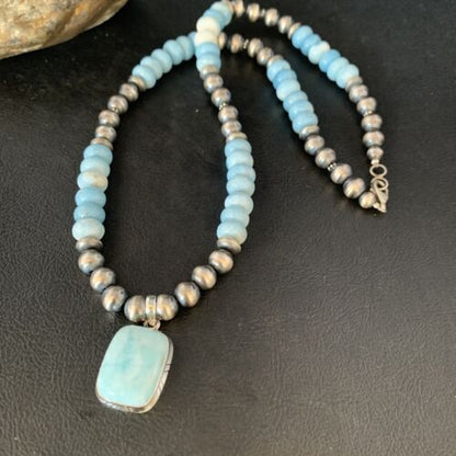 Men's Navajo Sterling Silver Necklace | Blue Larimar Pendant 10mm | Natural | 14003