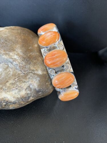 Native American Navajo Orange Spiny Oyster Row Cuff Bracelet | Sterling Silver | 1409