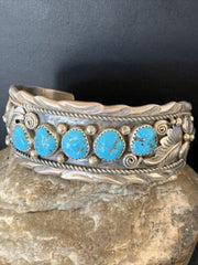 Navajo Sterling Silver Blue Kingman Turquoise Cuff Bracelet | 5 Stone | Authentic Native American Handmade | 12161