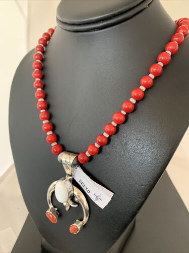Navajo Sterling Silver Naja Pendant Necklace | White Buffalo Turquoise & Coral | Authentic Native American Handmade | 1433