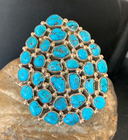 Navajo Kingman Turquoise Cluster Ring | Authentic Native American Sterling Silver | Multi-Stone | Sz 7 | 12227