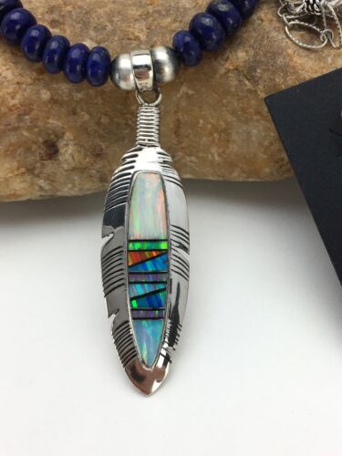 Navajo Opal Feather Multi-Color Lapis Pendant Necklace & Earring Set | Sterling Silver | Authentic Native American Handmade | 2771