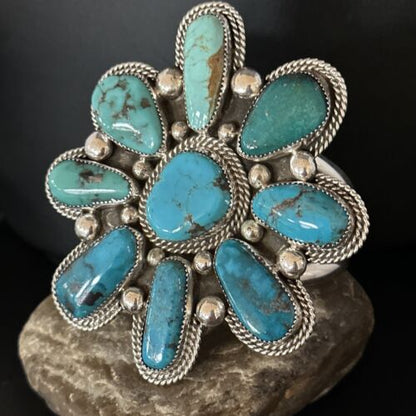 Navajo Sterling Silver Cluster Kingman Turquoise Cuff Bracelet | Authentic Native American Handmade | 14586