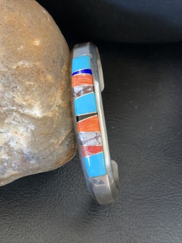 Navajo White Buffalo Turquoise Spiny Opal Inlay Bracelet | Sterling Silver | Authentic Native American Handmade | 12239 - Masha USA