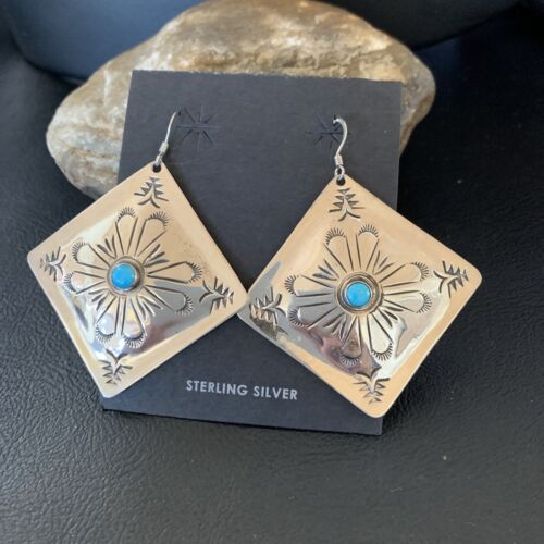 Navajo Blue Turquoise Earrings | Stamped Sterling Silver | Authentic Native American Handmade | 13322