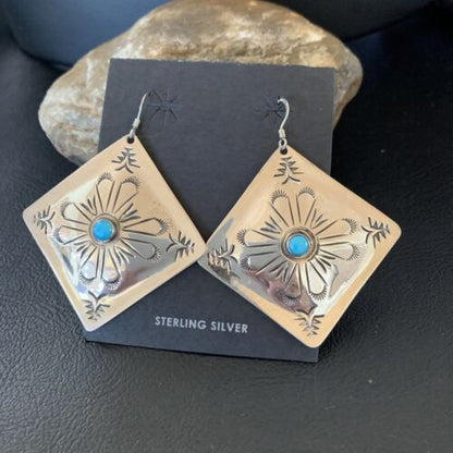 Navajo Blue Turquoise Earrings | Stamped Sterling Silver | Authentic Native American Handmade | 13322