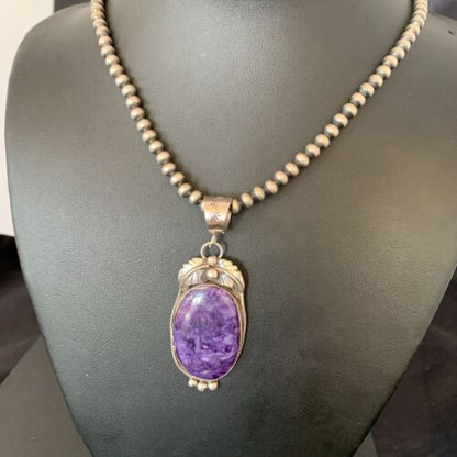 Navajo Pearls Necklace with Purple Sugilite Pendant | Sterling Silver | Authentic Native American Handmade | 10911