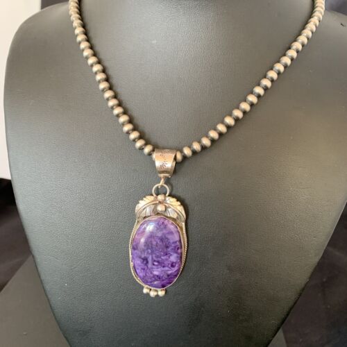 Navajo Pearls Necklace with Purple Sugilite Pendant | Sterling Silver | Authentic Native American Handmade | 10911